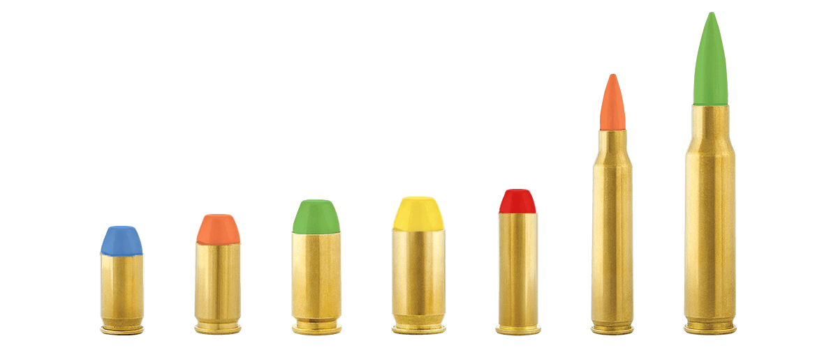 All available Ready Up Gear dummy round calibers displayed side by side, including multiple handgun and rifle training rounds with colored tips.